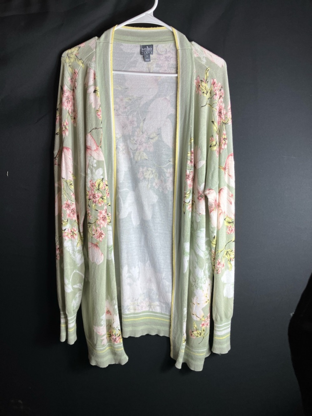 Soho Light Sage Green Floral Open-Front Cardigan with Pink Blooms